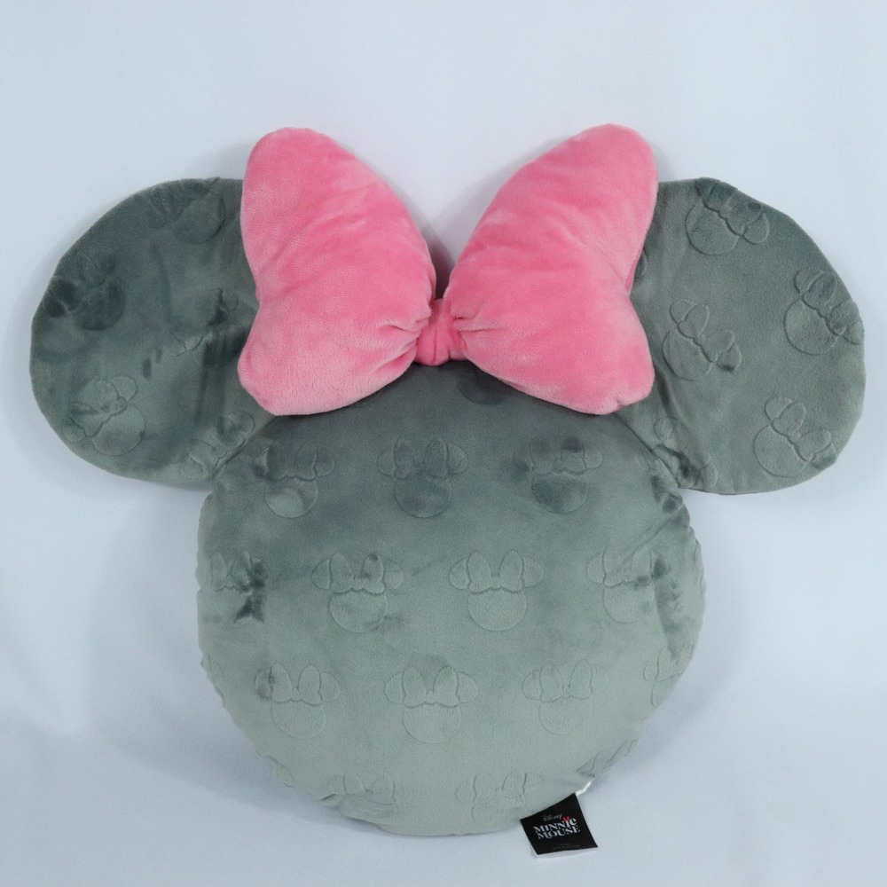 Disney Minnie Mouse Gray Ears Plush Pillow Pink Bow Home Decor